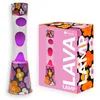 Image de Fisura- Lampe à lave "fleurs". Base imprimée de fleurs, liquide transparent et lave violet. Effet relaxant. Avec ampoule de rechange. 11 cm x 11 cm x 39,5 cm.