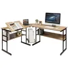 Image de Bureau dAngle en Forme L - COSTWAY - Ajustable à Bureau Droit - 2 Personnes avec Plateau Inclinable - Support Centrale - Naturel