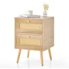 Image de COSTWAY Table de Chevet en Rotin 2 Tiroirs et 4 Pieds en Pin Porte Cannage pour Salon Chambre Style Bohème 40 x 40 x 59 cm