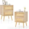 Image de COSTWAY Lot de 2 Table de Chevet en Rotin 2 Tiroirs et 4 Pieds en Pin Porte Cannage pour Salon Chambre 40 x 40 x 59 cm