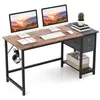 Image de COSTWAY Bureau Informatique de 120 cm avec 2 Tiroirs Crochet de Suspension Étagère de Rangement Marron