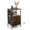 Image de COSTWAY Table de Chevet Industrielle avec Station de Charge-Ports USB et Prises CA 2 Tiroirs et 6 Poches Latérales 38 x 30 x 60