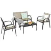 Image de COSTWAY 4 Pcs Salon de Jardin en Textilène - Ensemble Table en Verre Trempé et Chaises 4 Personnes Patins Antidérapants - Marron