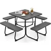Image de COSTWAY Table de Pique-Nique Ronde avec 4 Bancs pour 8 Personnes Trou pour Parasol Table de Camping pour Terrasse Jardin Noir