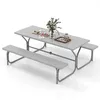Image de COSTWAY Ensemble Table et Chaises de Jardin pour 8 Personnes Trou pour Parasol Table de Pique-Nique avec 2 Bancs Gris