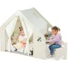 Image de GOPLUS 6 en 1 Tente d’Activité en Bois pour Enfants 2-6 Ans avec Tableau Noir Table Chaise Bac Tapis 131x98x113cm