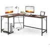 Image de COSTWAY Bureau d Angle de 168 x 125cm avec Support UC 2 Prises Électriques et Port USB & Type C Cadre en Métal Robuste Marron
