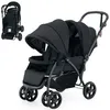 Image de Poussette Double Jumeaux Pliable COSTWAY Auvent Capote Réglable Canne Landau 4 Roues Anti-chocs Harnais à 5 Points Charge 30kg-Noir