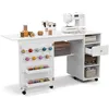 Image de Table Couture Pliante pour Machine à Coudre COSTWAY-Étagères-Tiroir-18 Piquets-6 Roues Universelles Verrouillables-146 x 50 x 78 cm
