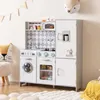 Image de Cuisine Enfants 3 Ans+ COSTWAY en Bois - 9 Accessoires avec Machine à Glaçons Cuisinière Machine à Laver Four Micro-ondes Blanc