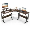 Image de COSTWAY Bureau dAngle en Forme de  L  avec Prises de Courant pour 2 Personnes Support dÉcran Amovible Marron
