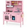 Image de COSTWAY Cuisine Enfants en Bois 3-6 Ans - 18 Accessoires avec Évier Micro-ondes Blanc Dispositif Anti-basculement Rose
