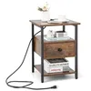 Image de COSTWAY Table de Chevet avec Station de Charge Etagères Ouvertes et Tiroir Style Industriel pour Chambre Salon Bureau