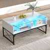 Image de COSTWAY Table Basse avec Lumières LED Plateau en Faux Marbre Verre Trempé Télécommande Incluse 4 Cubes de Rangement Blanc