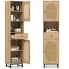 Image de COSTWAY Colonne de Salle de Bain avec 2 Portes en Rotin PE Compartiment Ouvert et Tiroir pour Salon Cuisine Chambre Nature