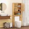Image de COSTWAY Meuble WC au-Dessus des Toilettes en Bambou avec Placard à 2 Portes Étagère Ouverte pour Salle de Bain 62 x 23 x 170 cm