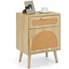 Image de COSTWAY Table de Chevet avec Tiroir et Porte en Rotin Pieds en Bois Table de Nuit pour Salon Chambre 45 x 30 x 61 cm