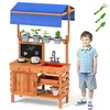 Image de COSTWAY Cuisine Enfants 3 Ans+ en Bois de Spin Auvent Réglable en Hauteur avec Tableau Noir Tasses de Plantation 9 Accessoires