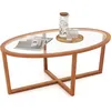 Image de COSTWAY Table Basse Ovale en Verre Trempé Pieds en Bois dHévéa Base Croisée Table Moderne 118cm pour Salon Maison Bureau Brun