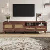 Image de Meuble TV Vintage Noyer Foncé 2 Portes + 2 Tiroirs Décor Rotin 8 Pieds 200x37x49.5cm