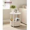 Image de Petite Table Basse Ronde avec Panier en Tissu pour Salon Chambre Style Moderne Blanc Mat et Marron Camel