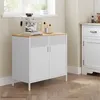 Image de Buffet Meuble de Rangement Double Porte Fermeture Magnétique Cadre en Acier Couleur Boisée et Blanc