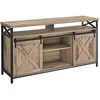 Image de Meuble TV pour Téléviseur Jusqu’à 65 Pouces avec Étagères Réglables Portes Imitation Grange Cadre en Métal Marron Camel et Noir