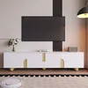 Image de Meuble TV Moderne Blanc Et Bois - 4 Portes Finition Marbre Pieds Bois Sphériques MDF180x40x44cm