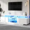 Image de Meuble TV Blanc Moderne 2 Portes Brillantes Éclairage LED Verre Trempé Structure MDF 160x40x45cm