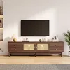 Image de Meuble TV Bois Brun Vintage- 4 Tiroirs 2 Portes Rotin Compatible TV 80 Style Naturel 180x35x44cm