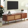 Image de Meuble TV 160cm Noyer Et Rotin - 2 Tiroirs 2 Portes Coulissantes Étagères Réglables Pieds Métalliques