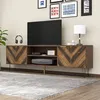 Image de Meuble TV Bas Bois Naturel - 2 Portes Pieds Métalliques Design Élégant Polyvalent155x38x48cm