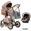 Image de Poussette 3 en 1 Bébé Combinée Siège-Auto Nacelle Trio Réversible Réglable Haute Qualité Roues increvables Canne khaki