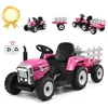 Image de COSTWAY 12V Tracteur Électrique Enfants à 6 Pneus - Pelle Remorque Amovible LED Musique - Télécommande 24G 3-6km/h Rose