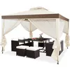 Image de Pavillon Tonnelle de Jardin de 3x3M Autoportante avec Ornements 4 Rideaux de Moustiquaire Polyester Beige 298 x 299 x 200/265 CM
