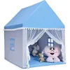 Image de Tente de Jeu pour Enfants COSTWAY-Tapis et Fenêtres-Cadre en Pin-Intérieure Extérieure pour 3-4 Enfants-120 x 105 x 140 cm-Bleu