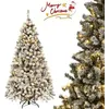 Image de Sapin de Noël Lumineux LED 180CM COSTWAY-250 Lumières Blanc Chaud-600 Branches Floqué Neige PVC-Socle en Métal-Décoration de Noël