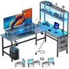 Image de HLONONE Bureau dangle avec Rangement 170 x 100 cm Bureau Gaming en L avec Prise Intégrée & LED Support de Moniteur Gris