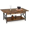 Image de COSTWAY Table Basse à 2 Niveaux 110 x 60 x 48 CM avec Cadre Métallique en Forme X Pieds Réglables Style Industrielle Marron