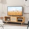 Image de COSTWAY Meuble TV en Bambou pour TV 55 avec 4 Compartiments 4 Pieds en Bois Massif 2 Portes Coulissantes en Rotin et Verre Trempé