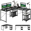 Image de COSTWAY Bureau dAngle - 151 x 151 x 75 CM - Ajustable à Bureau Droit4 Etagère de RangementGrand Table pour 2 Personnes Noir