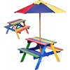 Image de RELAX4LIFE Ensemble Salon de Jardin pour Enfant - 1 Table et 2 Bancs Plus 1 Parasol Multicolore Table en Sapin avec Trous