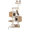 Image de COSTWAY Arbre à Chat en Bois 163CM avec 3 Plateformes 2 Niches 3 Balles Griffoirs en Sisal Perchoir Coussins Lavables Naturel