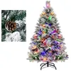 Image de Sapin de Noël LED Lumineux 136 cm COSTWAY-160 Lumières 8 Modes et 4 Couleurs-472 Branches Floqué-26 Cônes de Pin Paire de Gants