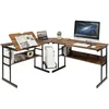 Image de COSTWAY Bureau dAngle en forme de L Ajustable à 2 Tables Droits 2 Personnes avec Plateau Inclinable Support Centrale Brun foncé