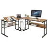 Image de COSTWAY Bureau dAngle en forme de L Ajustable à 2 Tables Droits 2 Personnes avec Plateau Inclinable Support Centrale Brun clair
