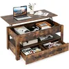 Image de COSTWAY Table Basse Relevable à 2 Niveaux avec 2 Tiroirs Levage Pneumatique Table de Salon de Style Industriel avec Rangement