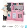 Image de DREAMADE Cuisine Enfants en Bois avec Sons 10 Accessoires Tableau Noir Téléphone Lave-vaisselle Machine à Glaçons Rose