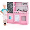 Image de COSTWAY Cuisine Enfants 3 - 6 Ans en Bois avec Téléphone Tableau Noir Micro-ondes Machine de Glaçons 7 Accessoires Rose