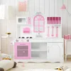 Image de COSTWAY Cuisine Enfants Dinette en Bois avec Evier Four Micro-ondesCuisinières 3 Spatules 109 x 32 x 1065 cm Rose